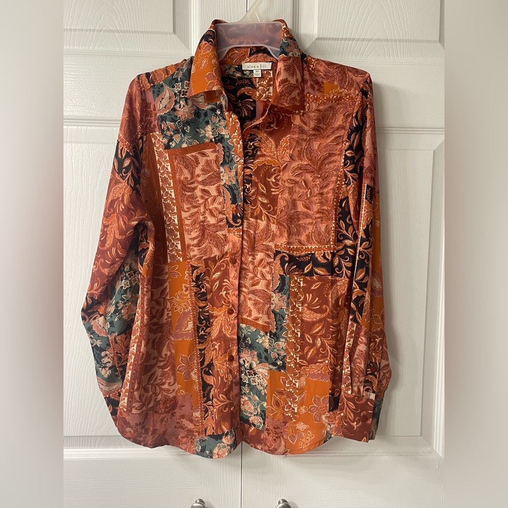 Vintage-Inspired Rust Patchwork women’s Button-Up Shirt in beautiful fall colors